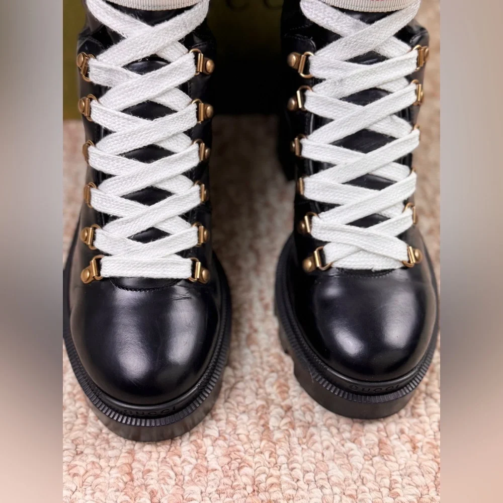 Gucci Sylvie Web Womens Lace Up Calfskin Leather Black Combat Boots Size 39. - Picture 4 of 11